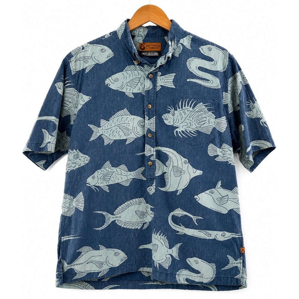 Reyn Spooner Dietrich Varez Fish Print Shirt XL Blue Cotton Pullover Button Down